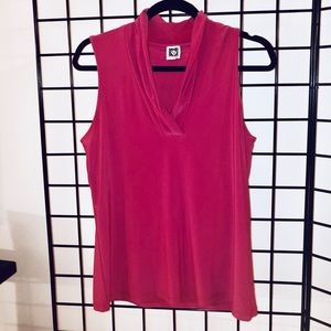 Anne Klein Sleeveless V-Neck Blouse. Deep Pink.